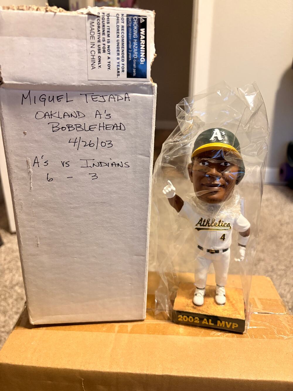 Miguel Tejada Oakland A's 2002 AL MVP Bobblehead Original Box 2003